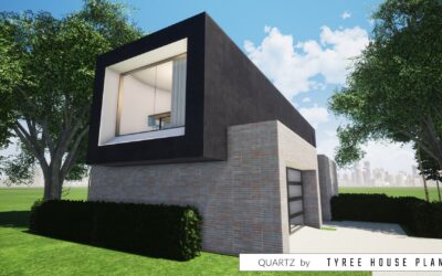 Quartz. Modern House Plan with Curved Living and Dining.