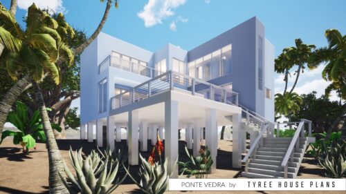 Front left view with private elevated deck. Ponte Vedra by Tyree House Plans.