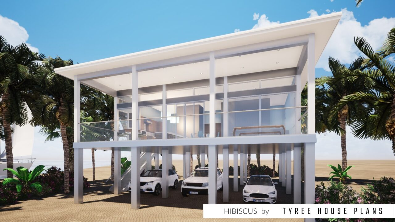 Glass railings and clean metallic finishes. Hibiscus by Tyree House Plans.
