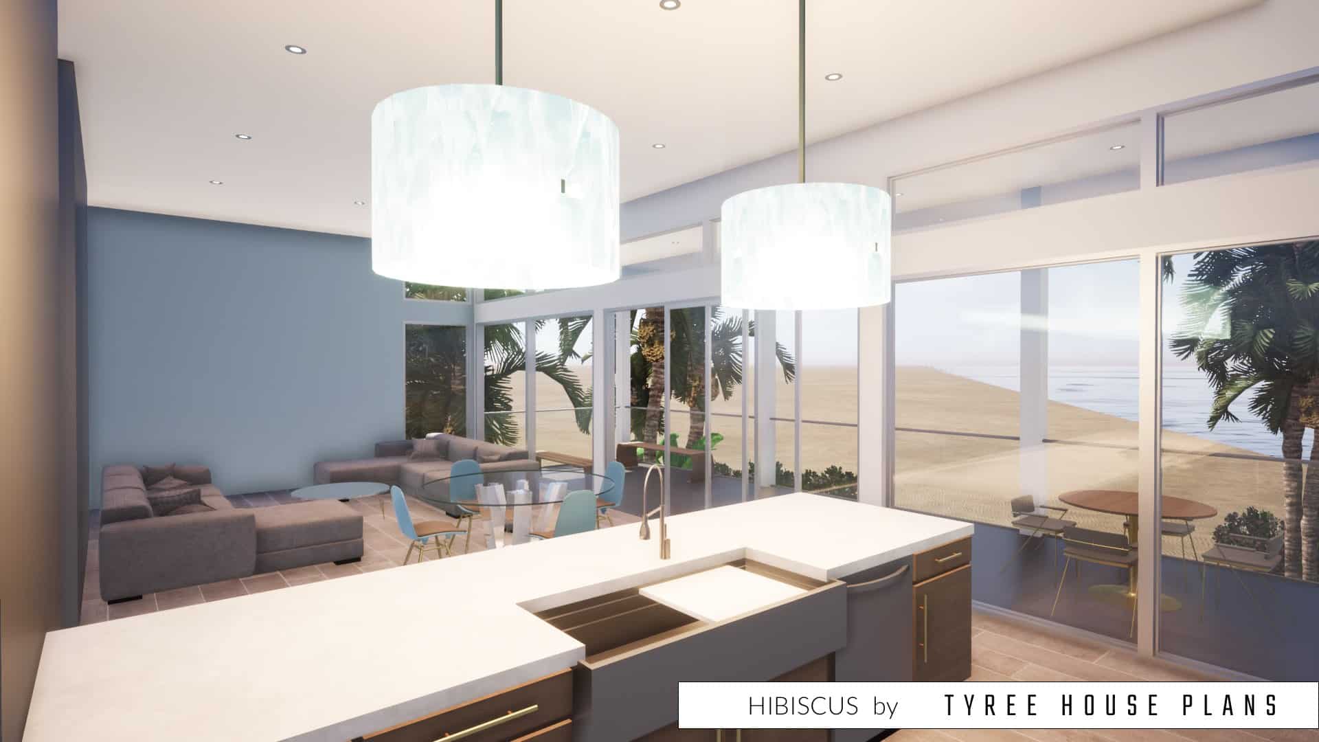 Kitchen peninsula with seating. Hibiscus by Tyree House Plans.