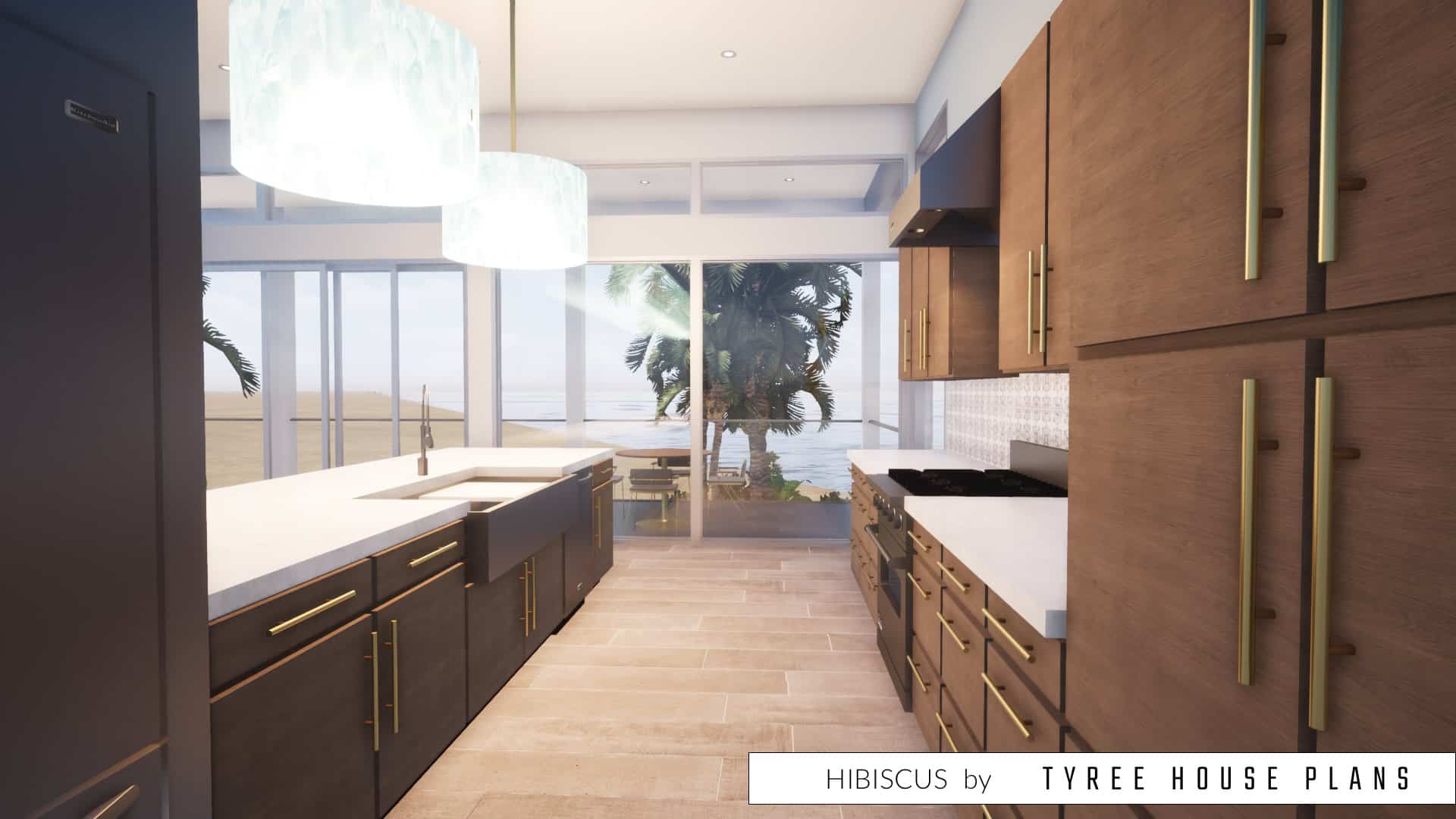 Galley kitchen with gas range. Hibiscus by Tyree House Plans.