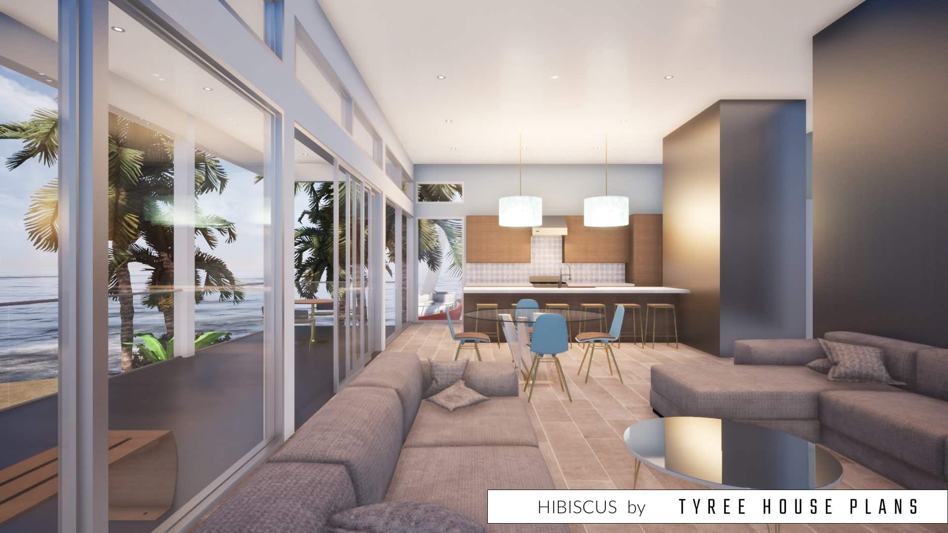 Living with connected kitchen. Hibiscus by Tyree House Plans.