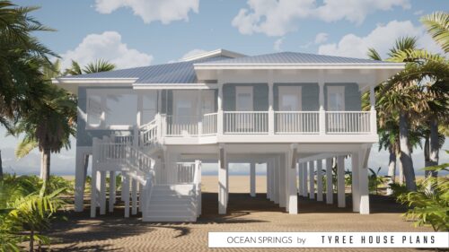 Front with terraced entry stairs. Ocean Springs by Tyree House Plans.