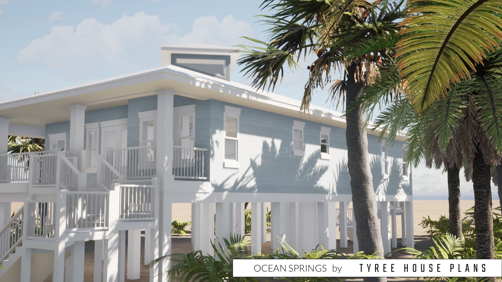 Side view with tower above. Ocean Springs by Tyree House Plans.
