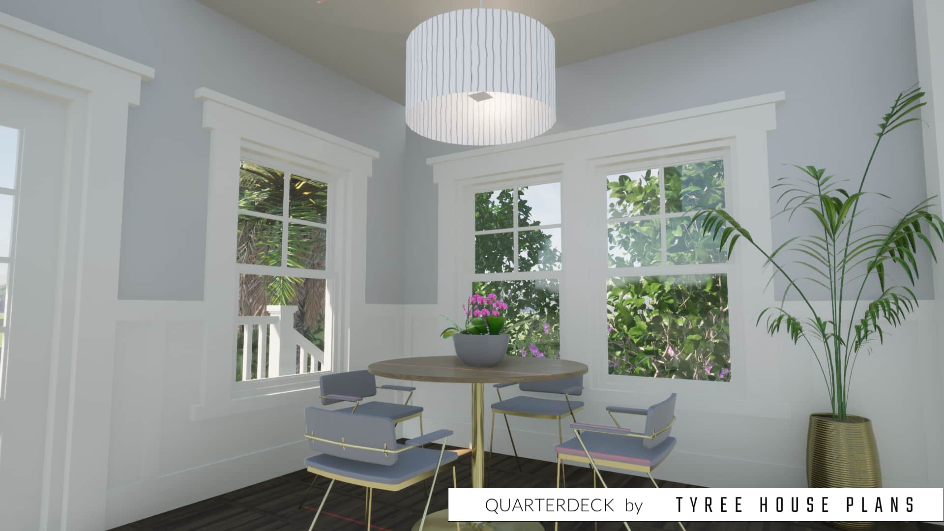 Dining space with corner windows. Quarterdeck by Tyree House Plans.