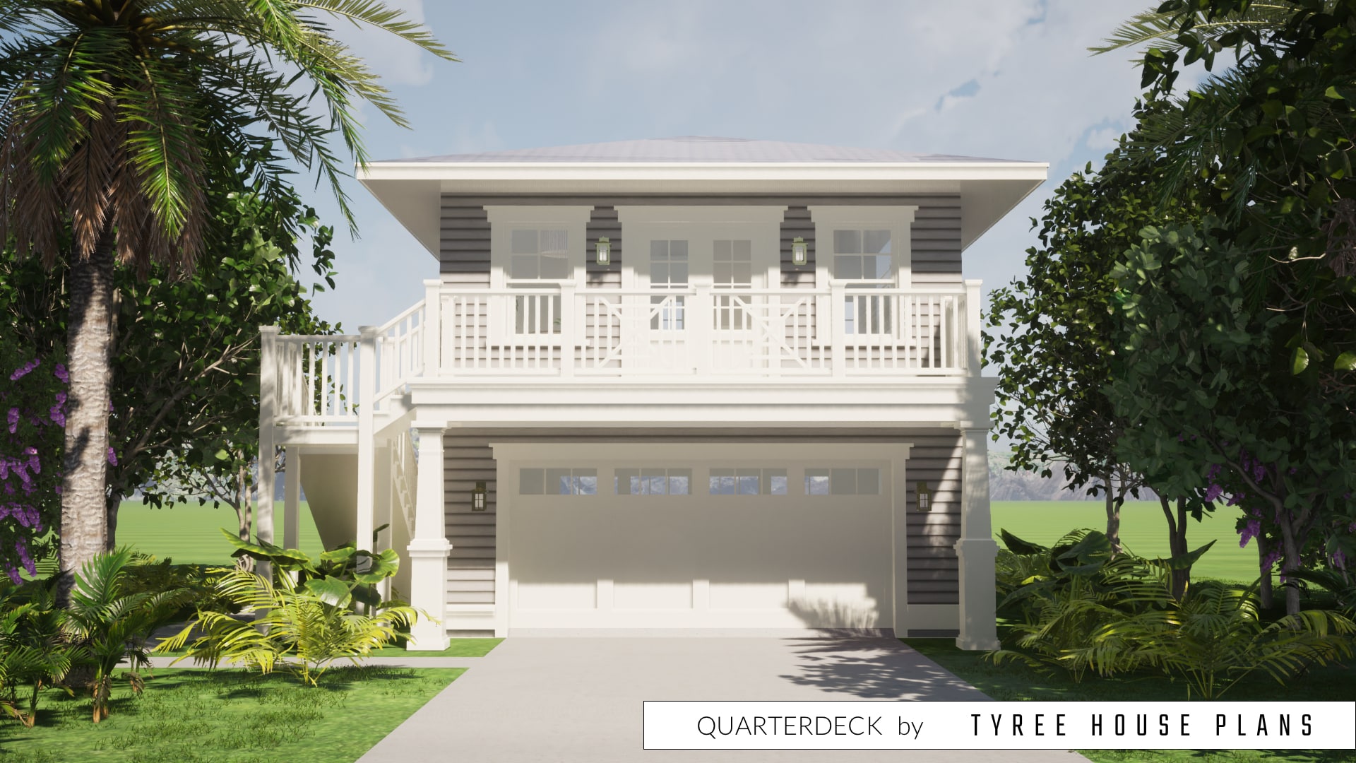 Front of garage with apartment entry doors above. Quarterdeck by Tyree House Plans.