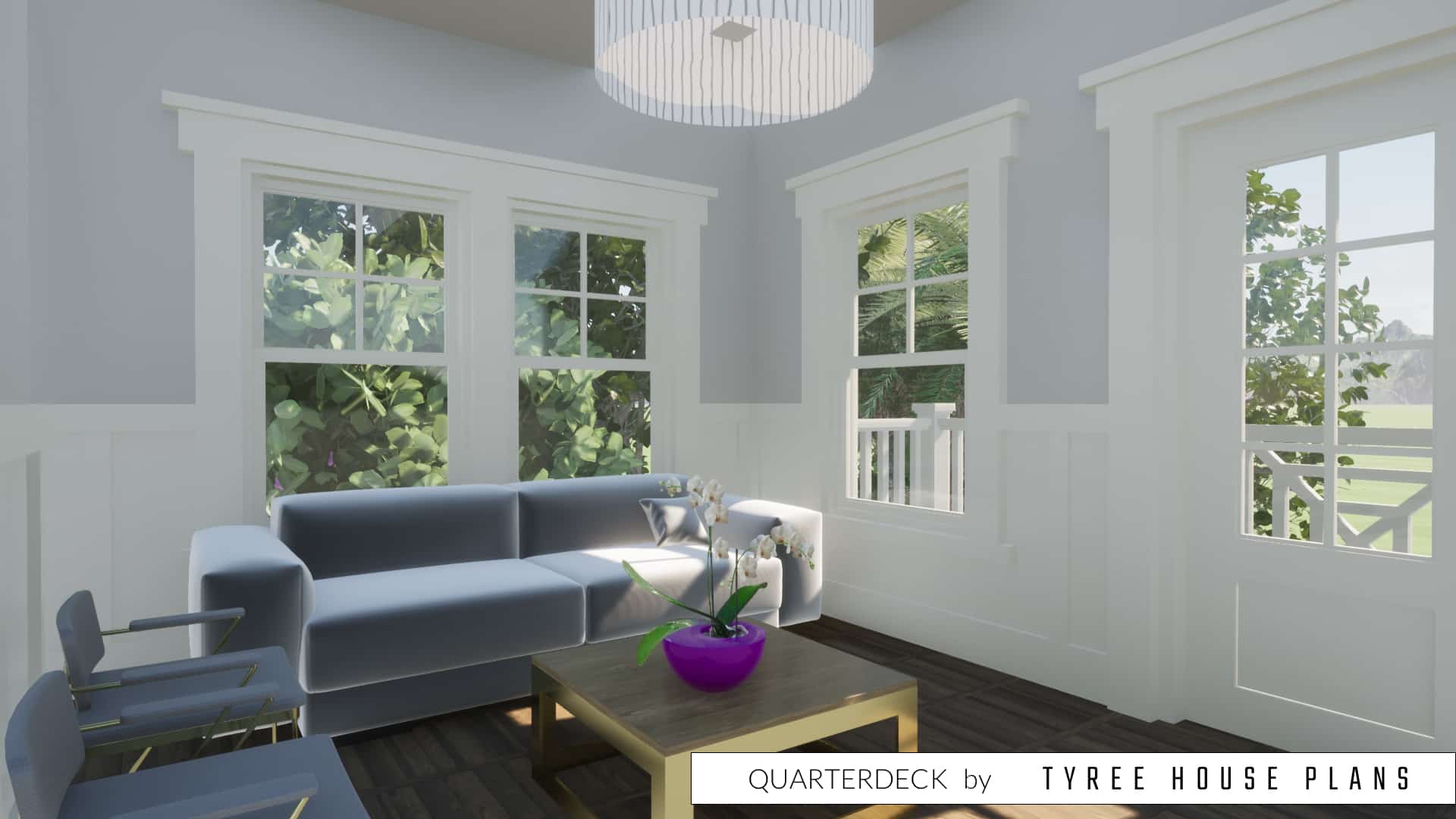 Living space with corner windows. Quarterdeck by Tyree House Plans.