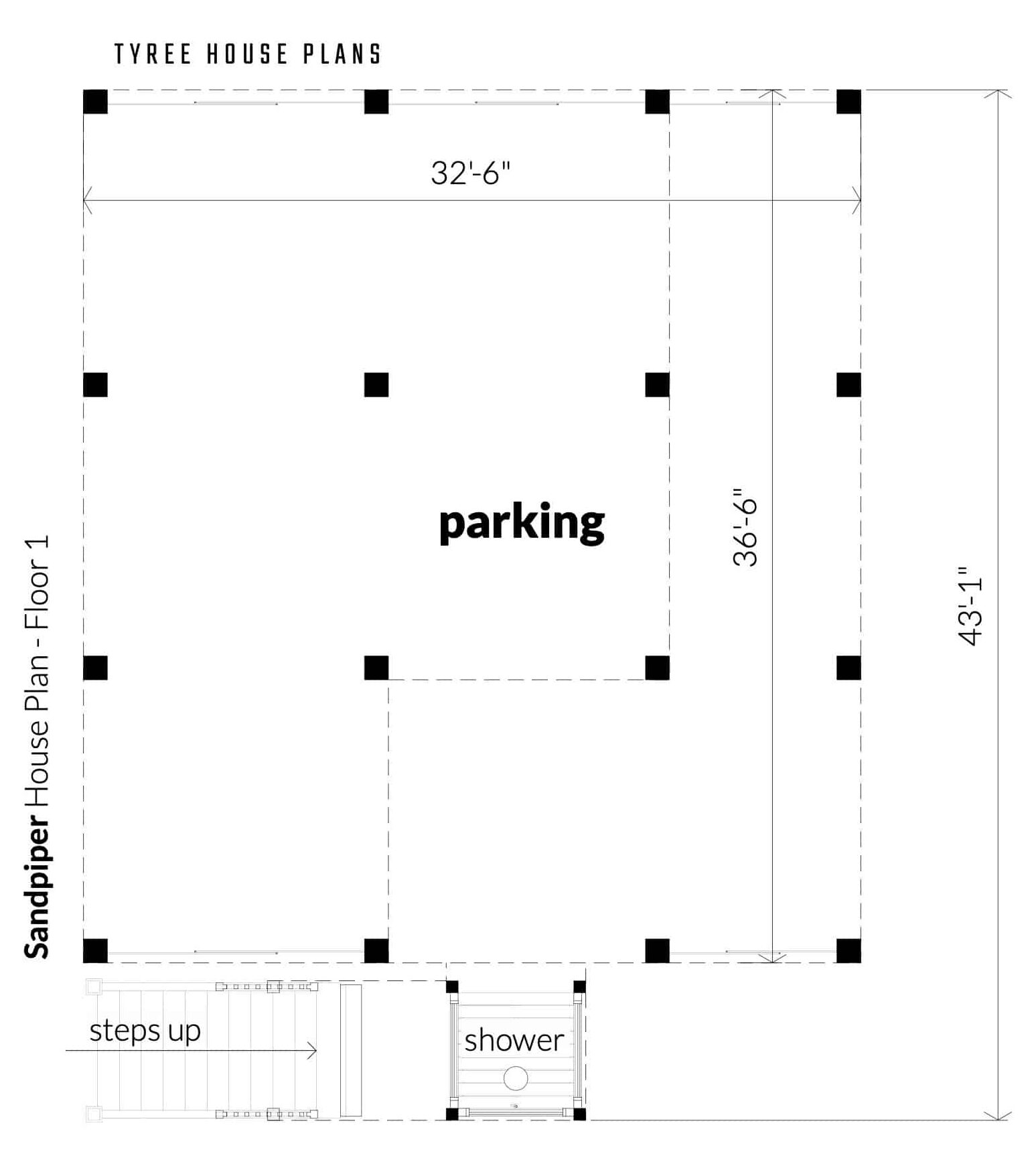Parking and piling level. Sandpiper by Tyree House Plans.