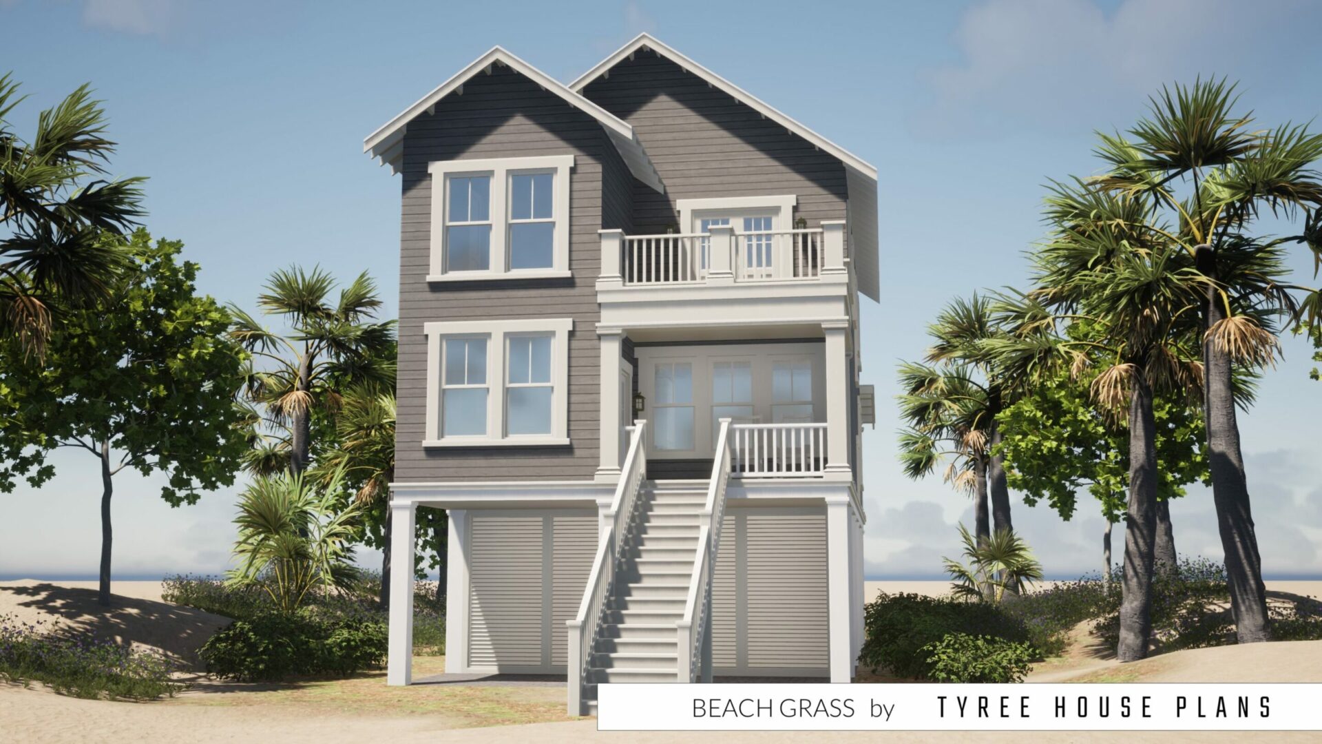 Rear porch with upper sundeck. Beach Grass by Tyree House Plans.