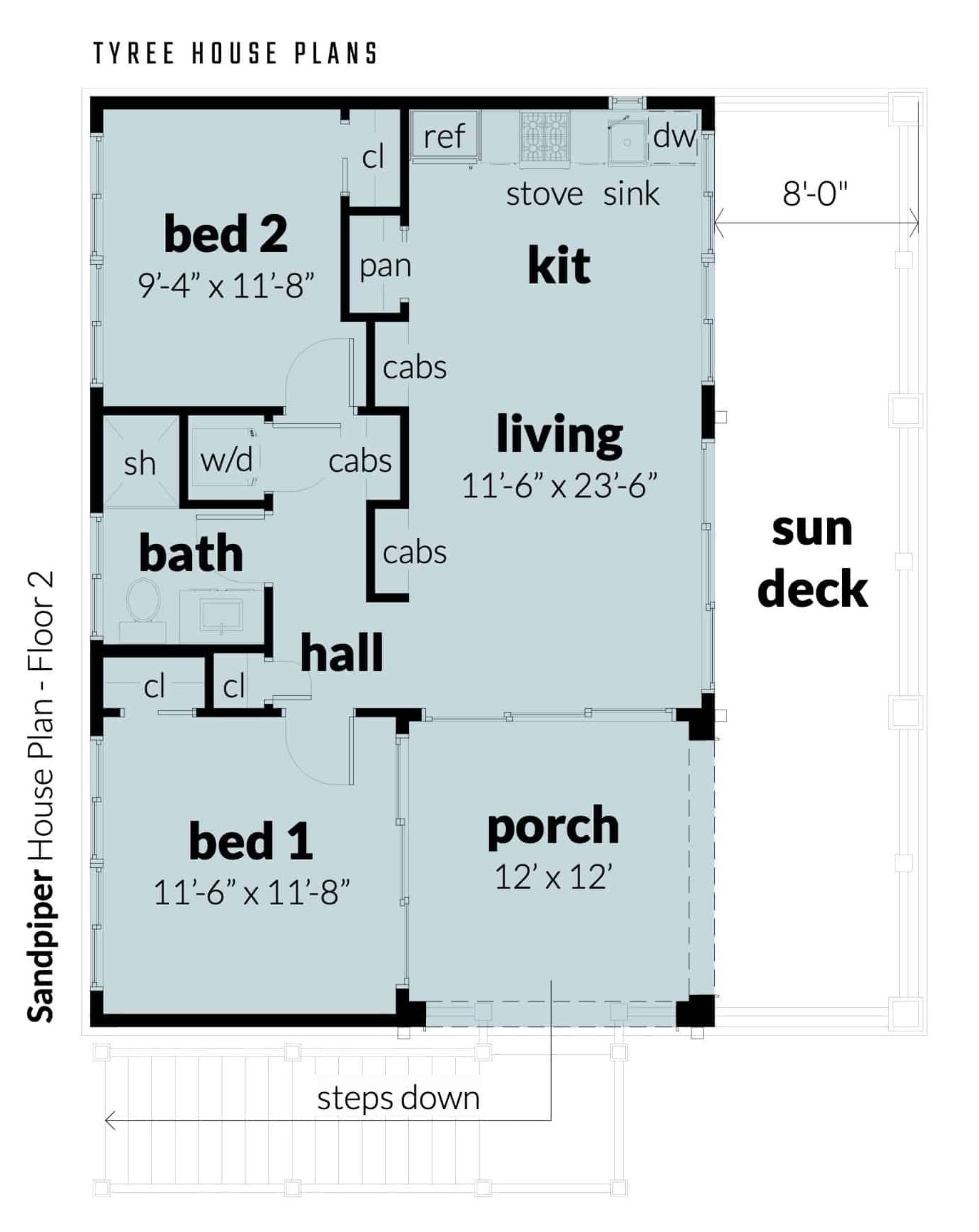 Main level floor plan. Sandpiper by Tyree House Plans.