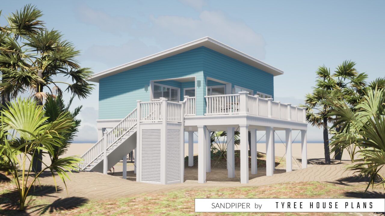 Steps up to the upper porch and sundeck. Enclosed shower is included below the stairs landing. Sandpiper by Tyree House Plans.