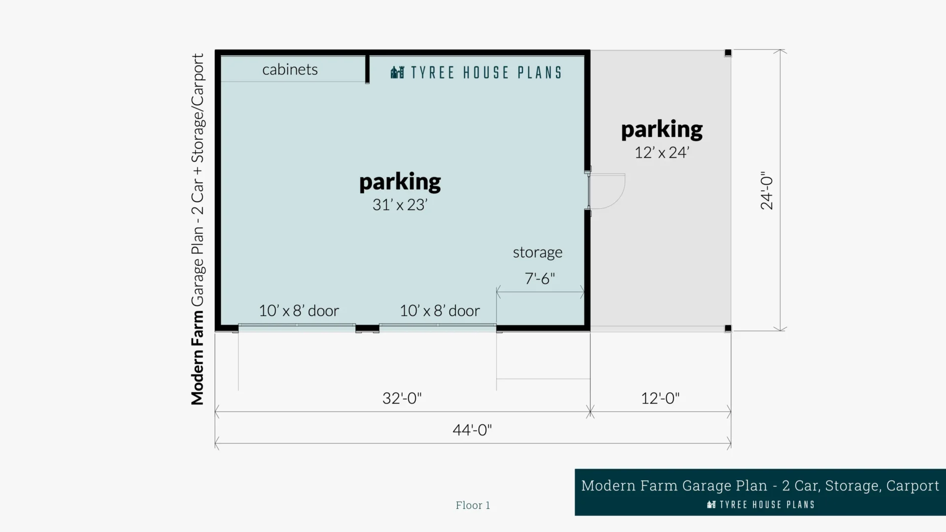 Modern Farm Garage Plan - 2 Car, Storage, Carport - Floor Artwork by Tyree House Plans