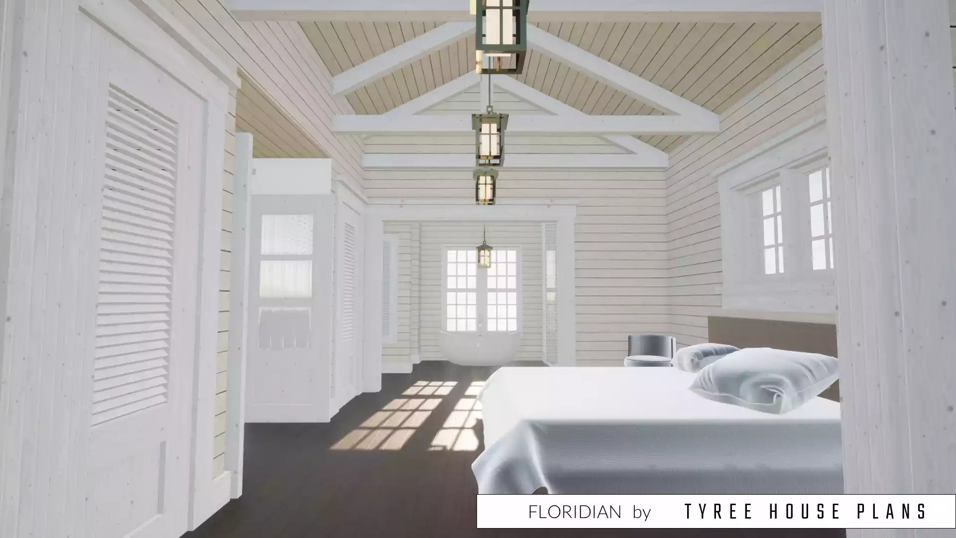 Romantic bedroom suite with vaulted ceiling. Floridian by Tyree House Plans.