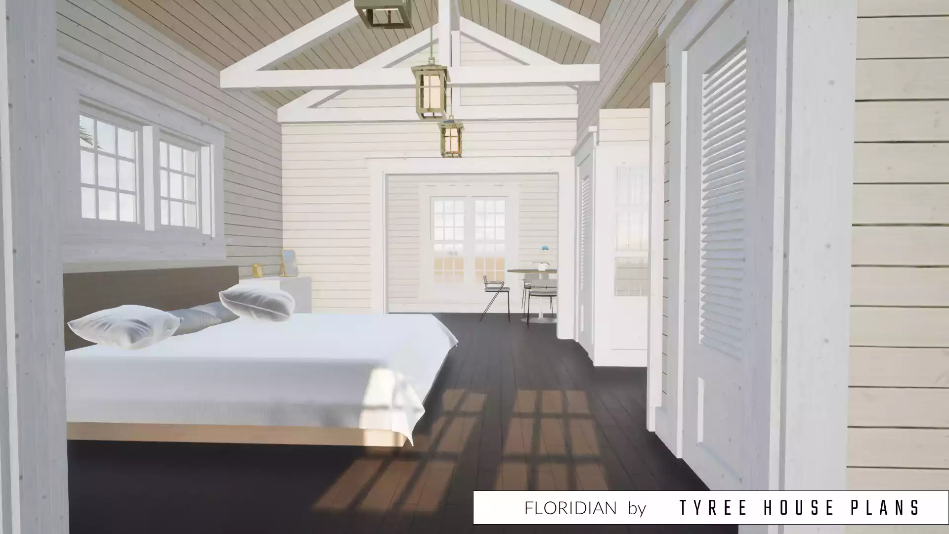 In the bedroom, looking toward the private dining and kitchen combination. Floridian by Tyree House Plans.