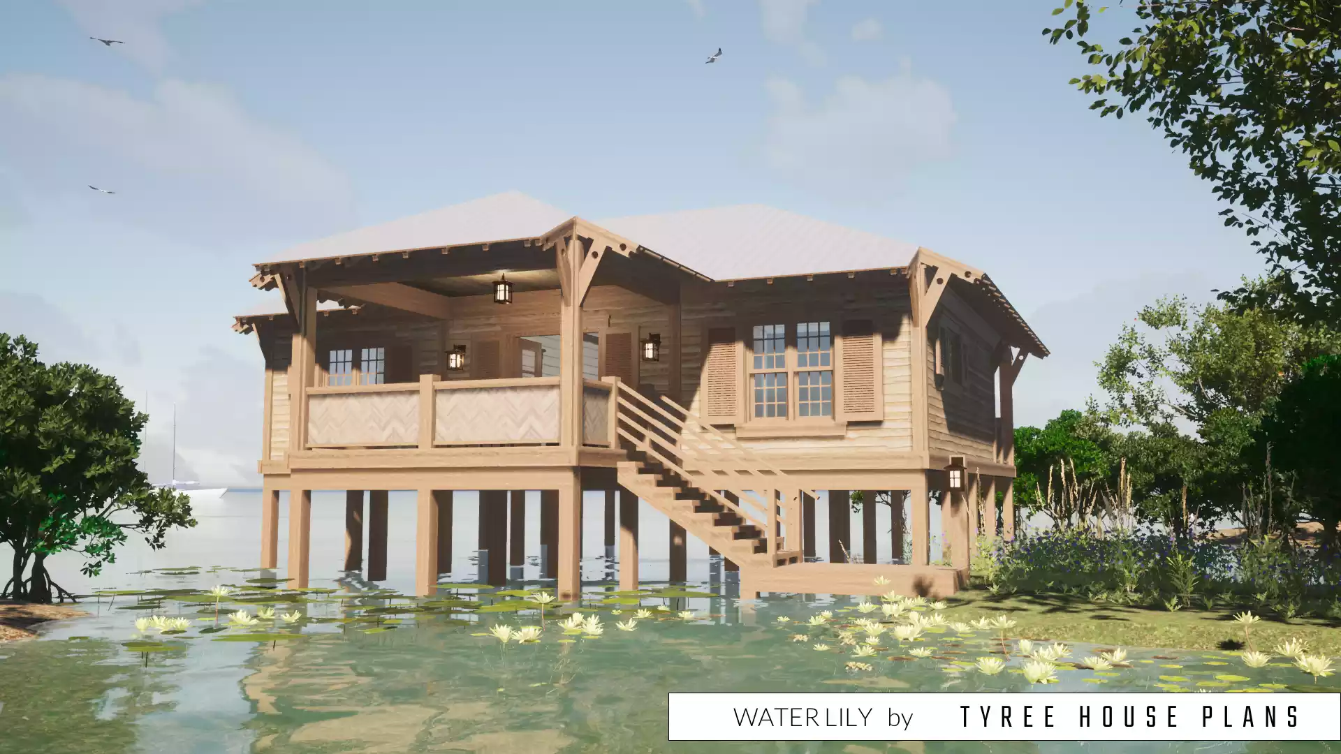 Front stairs and boat dock at entry. Water Lily by Tyree House Plans.