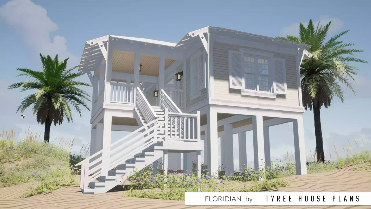 Front view with terracing steps. Floridian by Tyree House Plans.