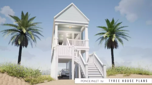 Front view, looking up the entry stairs. Ponce Inlet by Tyree House Plans.