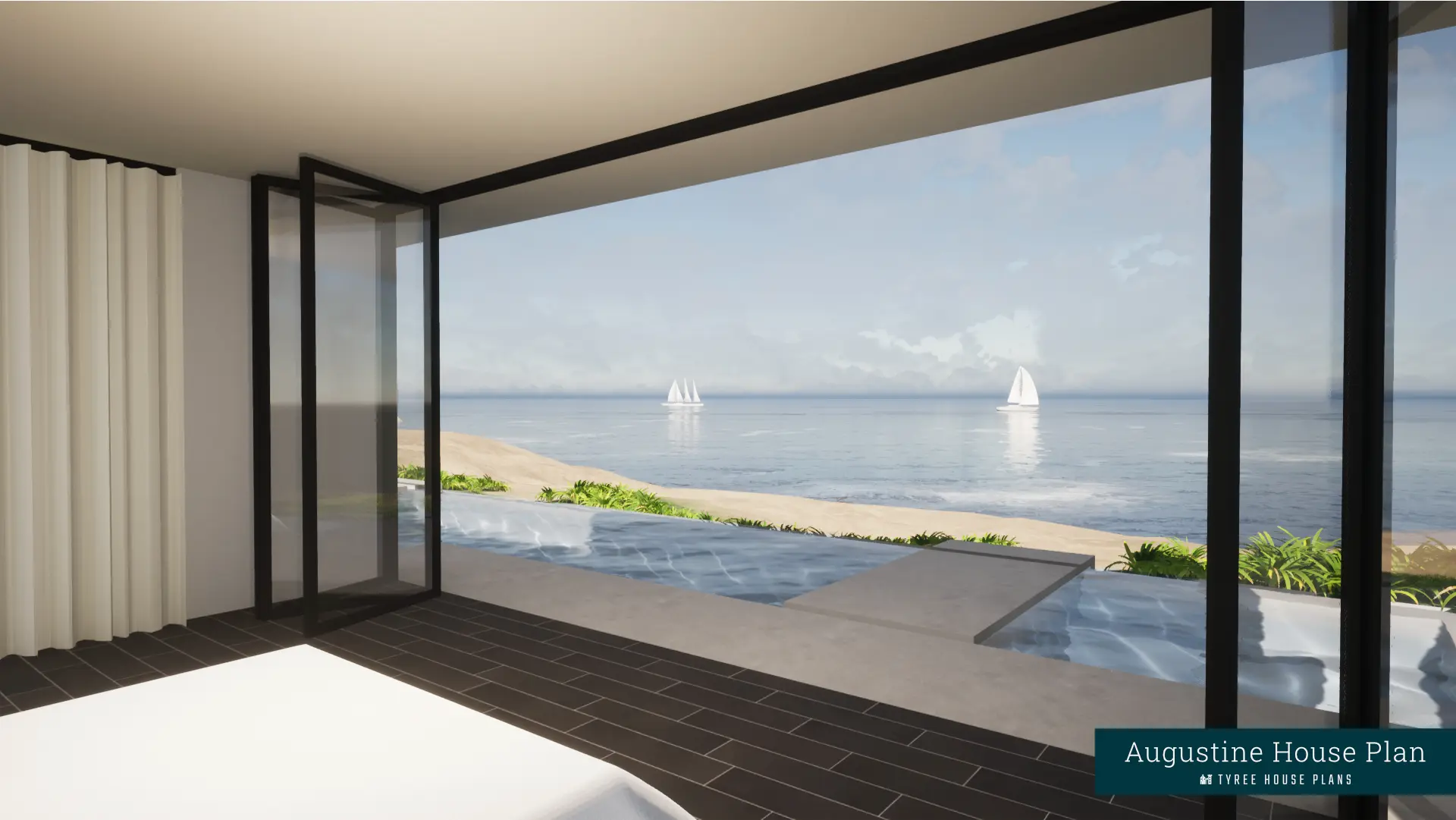 Master bedroom with folding doors, which open directly to infinity pool and hot tub. Glass surrounds the room for panoramic views. Augustine by Tyree House Plans