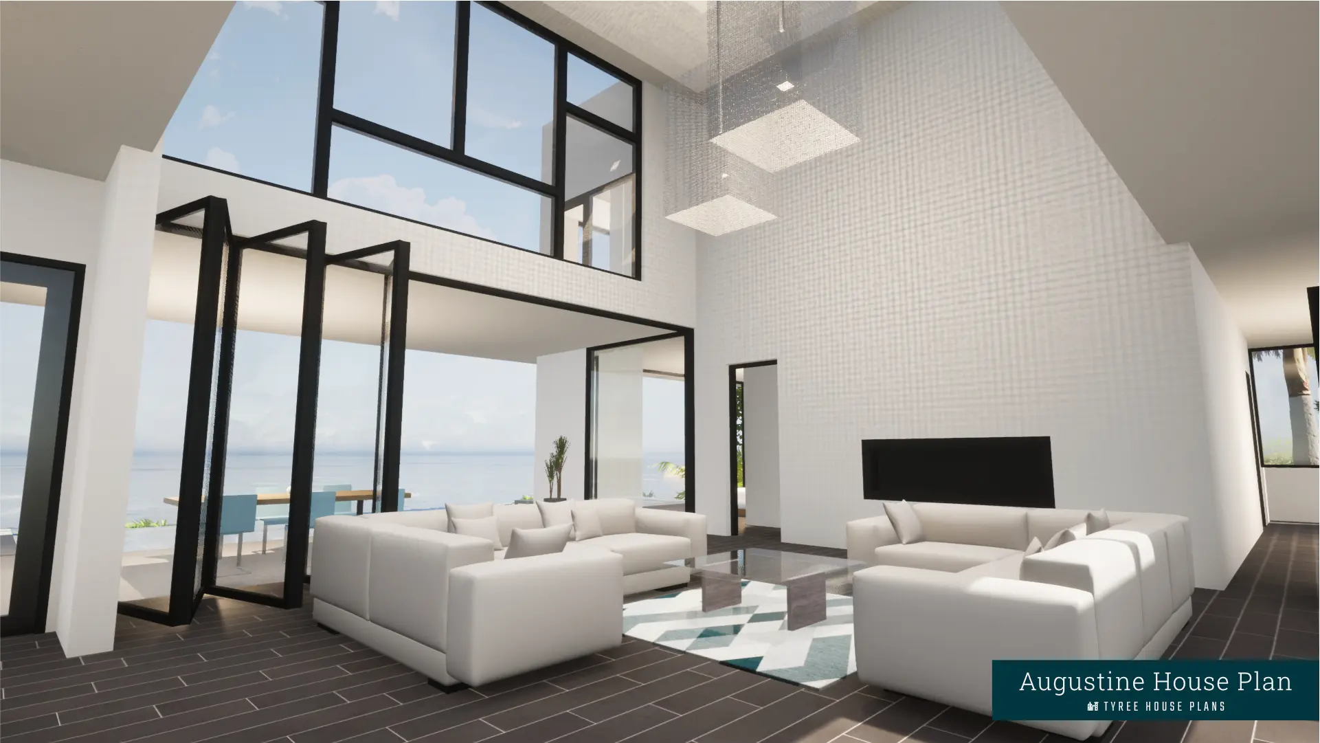 Living room with wide gas fireplace and open views to oceanfront. Augustine by Tyree House Plans