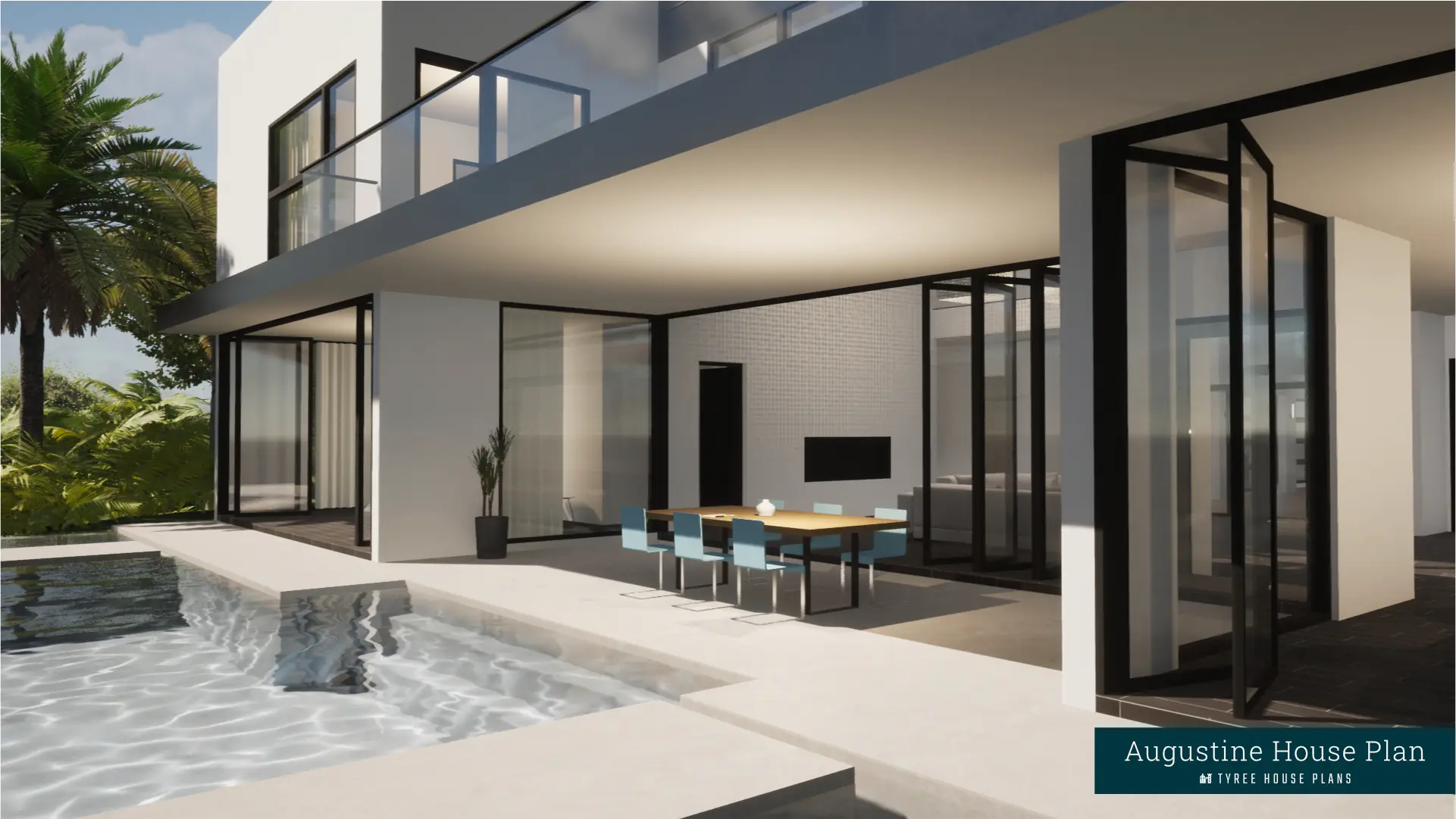 The outdoor living is loosely connected to the living and dining, with plenty of covered space for seating or dining. Nearby steps enter the infinity-edge pool. Augustine by Tyree House Plans