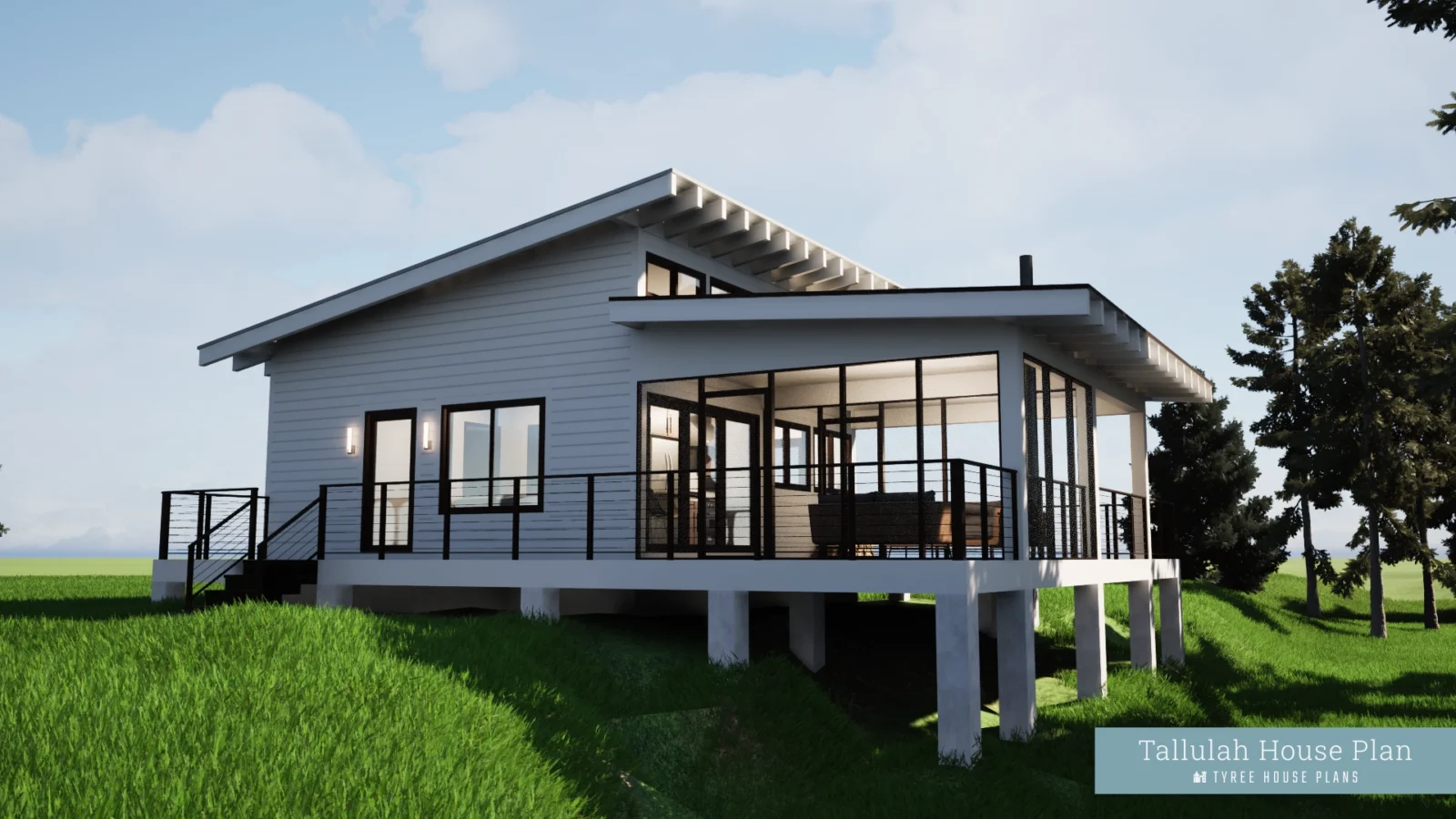 Front of Tallulah with wrap-around decks. Tallulah by Tyree House Plans.