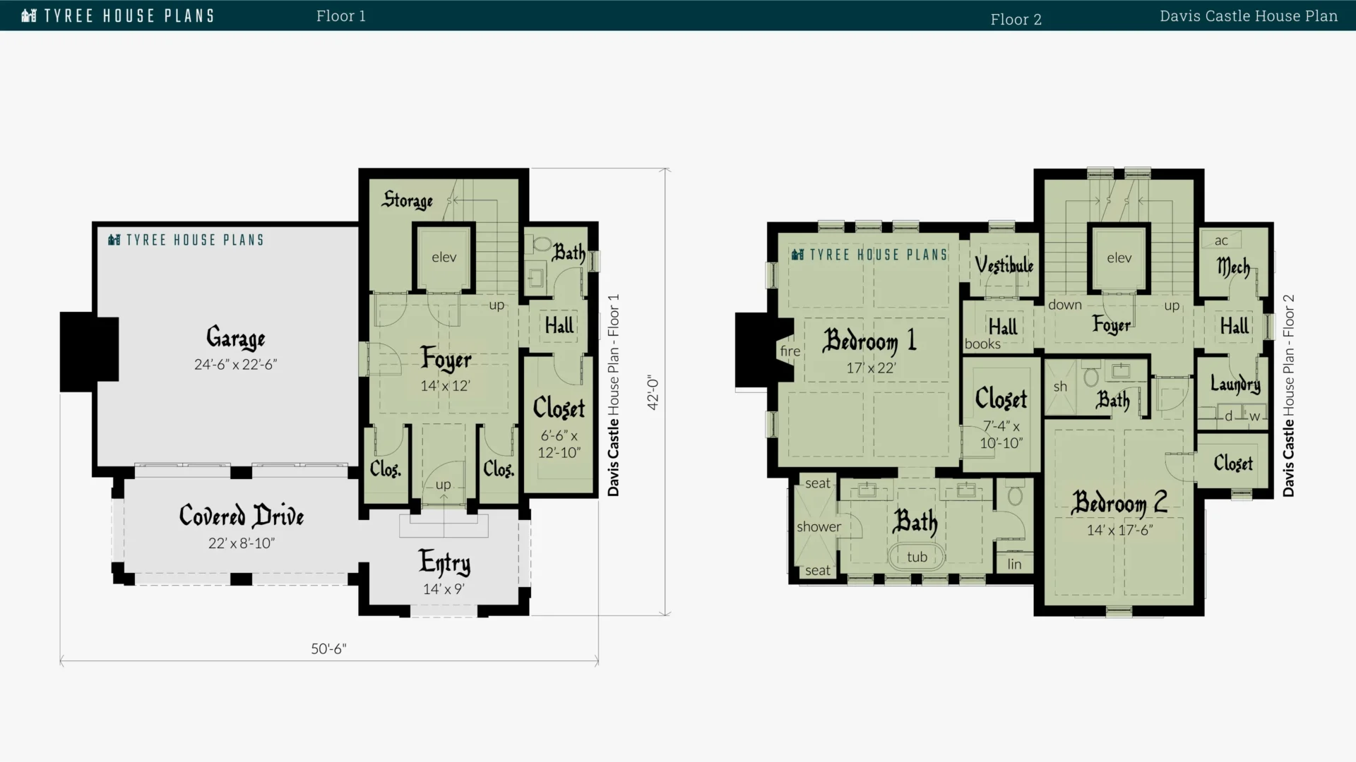 Davis Castle House Plan Floor 1 and 2 Artwork by Tyree House Plans