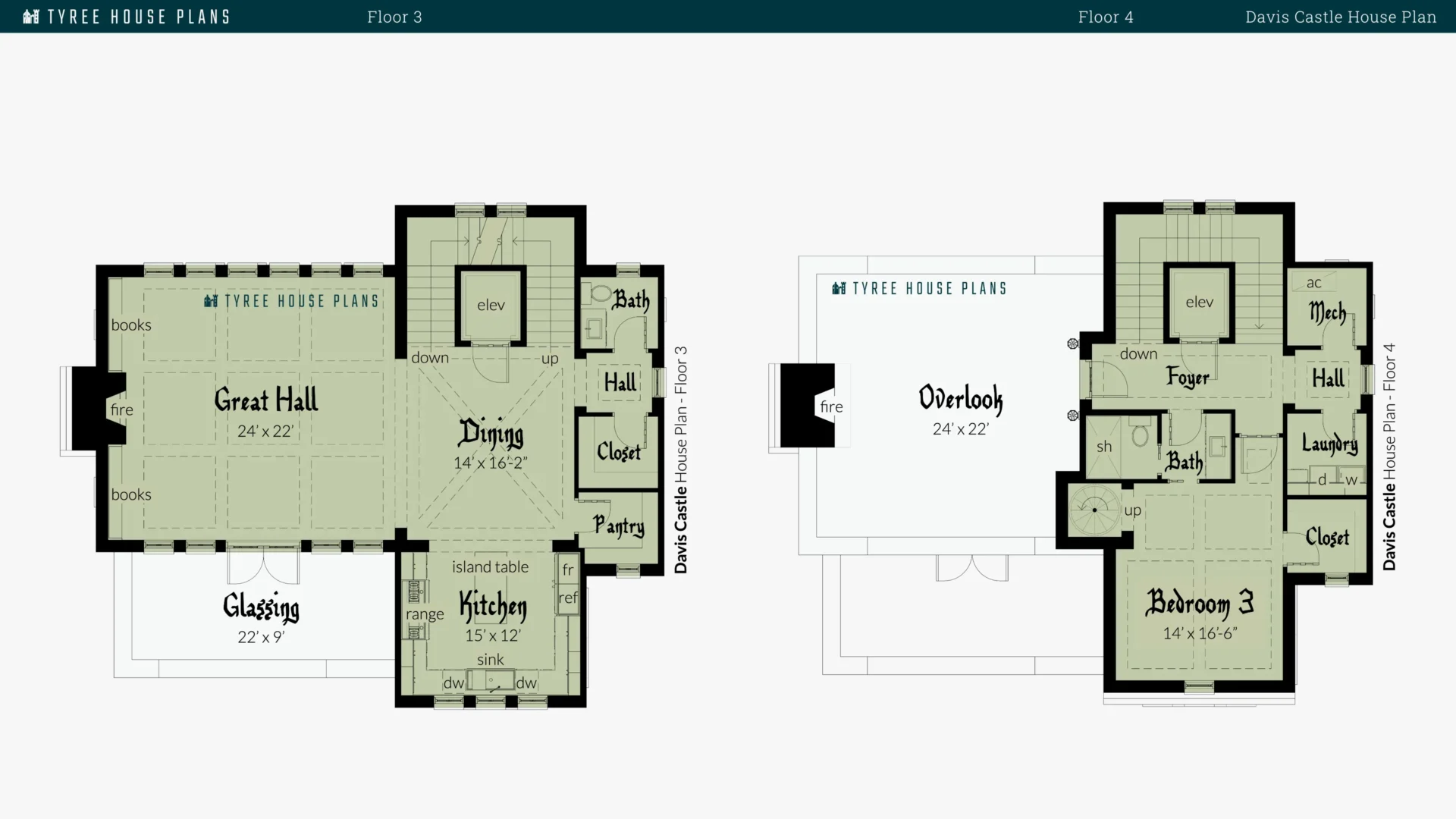 Davis Castle House Plan Floor 3 and 4 Artwork by Tyree House Plans