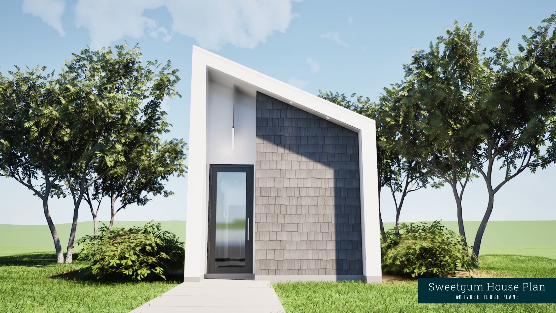 Sweetgum. Narrow Modern House Plan with Private Side Porch. Created by  Tyree House Plans., image size:1920x1080